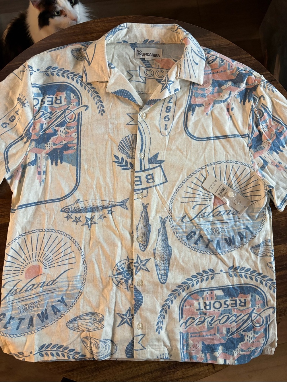No Boundaries Men's Short-Sleeve Camp Shirt - Blue & Coral Print